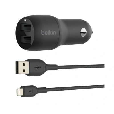 Image of Belkin Boost Charge Dual USB Fast Car Charger 12W + Lightning Cable Black