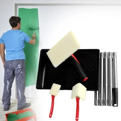 Image of 7 Inch Paint Pad Applicator Set, Corner Walls and Ceilings Painter Decorating Kit with Extension Pole Tray, Multifunction Trimming Tool for Wood Decks, Floors, Fences