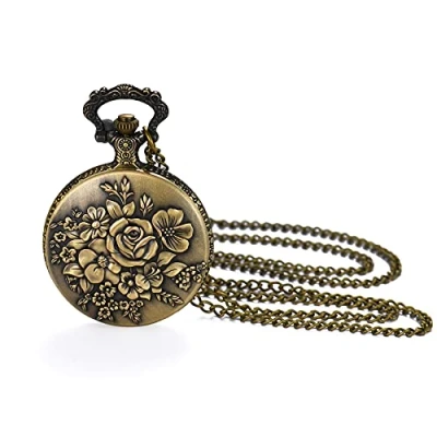 Image of JewelryWe Flower Series Pocket Watch Classic Steampunk Fob Half Hunter Quartz Watches Retro Bronze Pendant Necklace for Women