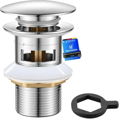 Image of Ibergrif M20502 Pop Up Sink Plug Replacement, Basin Waste, Slotted Click Clack Waste with Overflow, Bathroom Plug, 1/4&quot; BSP, Chrome