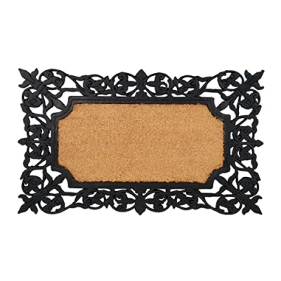 Image of Relaxdays Baroque Design Doormat Rubber, 45 x 75 cm, Door Mat Inside &amp; Outside, Non Slip Wiper, Brown/Coir