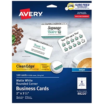 Image of Avery Clean Edge Printable Business Cards with Sure Feed Technology, Rounded Corners, 2&quot; x 3.5&quot;, White, 160 Blank for Inkjet Printers (88220)