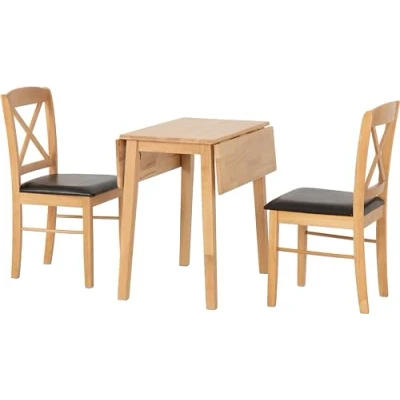 Image of Seconique Mason Double Drop Leaf Dining Set with 2 Chairs in Oak Varnish/Brown Pu