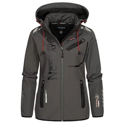 Image of Geographical Norway Reine Lady Waterproof Softshell Jacket for Women Outdoor Hooded Winter Resistant Windbreaker activities Hiking (Dark Grey/Black M, Size 2)