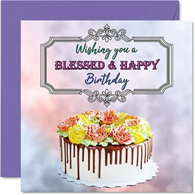 Image of Religious Birthday Cards for Men Women Blessed &amp; Happy Spiritual Card Mum Dad Brother Sister Son Daughter Nan Grandad, 145mm x Bday Greeting