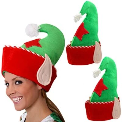 Image of Christmas Elf Hat X 1 Plush Green/Red/White With Embroidered Star And Attached Ears Funny Mens Ladies Novelty Fancy Dress