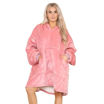 Image of Hooded Blanket with Ultra Soft Sherpa Lining Warm Cosy Oversized Thermal Throw Hoodie (Dusky Pink)