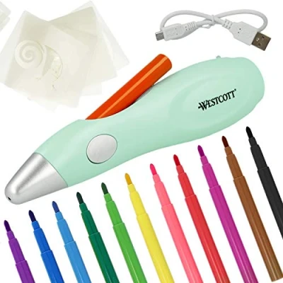 Image of Westcott Electric paint spray pen, airbrush set for kids with 12 felt pens and 19 stencils painting drawing, rechargeable battery USB cable, green, E 16800 00,17.2 x 4.2 cm