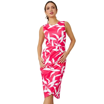 Image of Roman Originals Ruched Waist Dress for Women UK Ladies Side Pleat Winter Autumn Textured Fitted Shift Pencil Smart Lined Stretchy Jersey Work Knee Length Round Neck Cerise Size 20