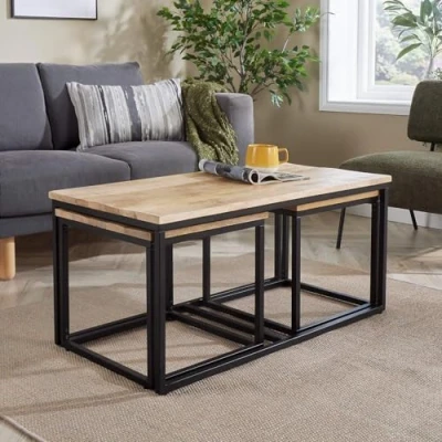 Image of Home Source Mango Wood and Iron 3 Coffee Table Set, Nesting Tables with Metal Frame