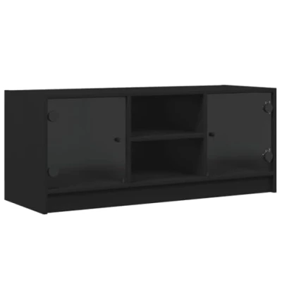Image of vidaXL Black TV Cabinet with Glass Doors Engineered Wood Media Unit/Stand for Living Room, 102x37x42 cm, Storage Console Entertainment