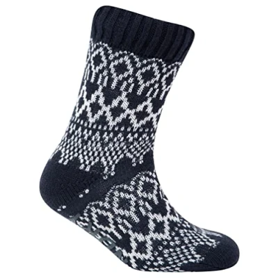 Image of Tokyo Laundry Atlantia Jacquard Fairisle Print Borg Lined Chunky Knit Slipper Socks in Navy