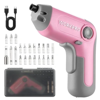 Image of WORKPRO 3.6V Electric Screwdriver Set with Offset Driving Shaft 24pcs 6Nm Cordless Kit Rechargeable Battery &amp; LED Light Mini Carrying Case