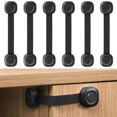 Image of ECHOCUBE Child Safety Drawer Locks, 6 Packs Baby Proofing Cupboard Locks with Adhesive, Adjustable Strap for Kitchen Cabinets, Fridge Door, Toilet, Trash (Black)