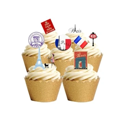 Image of 32 Stand Up Paris City Themed Edible Wafer Paper Cake Toppers Decorations