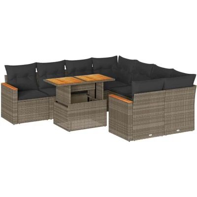 Image of vidaXL 9 Piece Garden Sofa Set with Storage Grey Poly Rattan/Acacia Cushioned Outdoor Patio Furniture