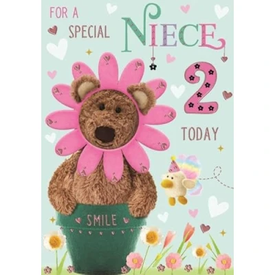Image of ICG Special Niece 2nd Birthday Card Age 2 Barley Bear Pink Flower Embossed with a Foil Finish