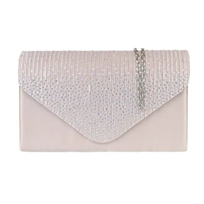 Image of Girly Handbags Womens Pleated Satin Clutch Bag Diamante Shoulder Chain Elegant Prom Wedding Evening Medium Nude