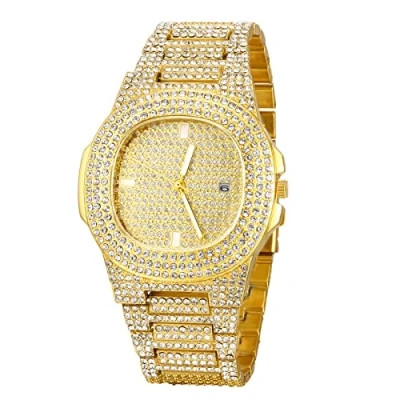 Image of JewelryWe Mens Iced Out Watch Full Diamonds Rhinestones Gold/Silver Wristwatch Luminous Analog Quartz for Halloween Xmas