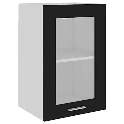 Image of vidaXL Hanging Glass Kitchen Cabinet with Shelf in Black Sturdy Engineered Wood Construction Easy to Clean Scandinavian Style Ample Organised Storage