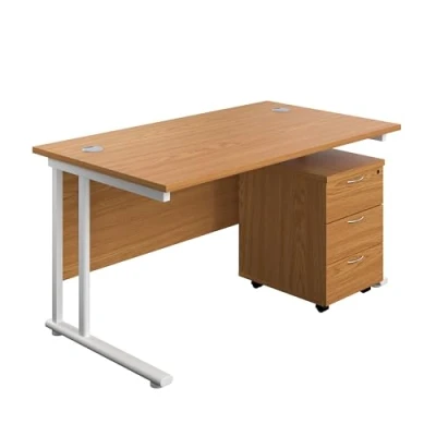 Image of 1400X800 Twin Rectangular Desk Nova Oak White + Mobile 3 Drawer Ped