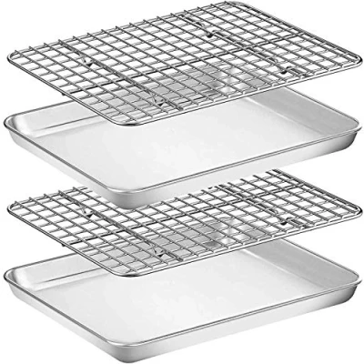 Image of Umiten Baking Sheet &amp; Rack Set [2 + 2 Rack], Stainless Steel Cookie Pan With Cooling Rack, Checkered Oven Safe Baking, Non Toxic, Heavy Duty, Easy Clean (10 x 8 1 inch)