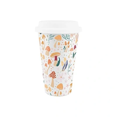 Image of Reusable Ceramic Cottagecore Travel Mug Forest Mushrooms Silicone Lid Double Walled Insulated Hot/Cold Drinks Tea Coffee Gift
