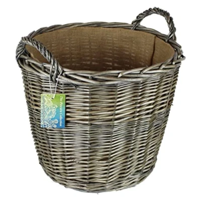 Image of Round Grey &amp; Antiqued Wicker log baskets. Hessian lined. wood kindling storage for home hearths and fireplace. Large burner bin (Wicker Handle, 42 cm)
