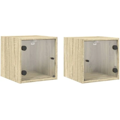 Image of vidaXL Bedside Cabinets with Glass Doors 2 pcs Sonoma Oak 35x37x35 cm