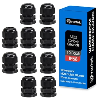 Image of 10 Pack M20 20mm IP68 Waterproof Black Cable Glands, Suitable for 6mm 12mm Cables, Plastic Nylon Compression Glands Connectors with Locknut and Washer AVARTEK