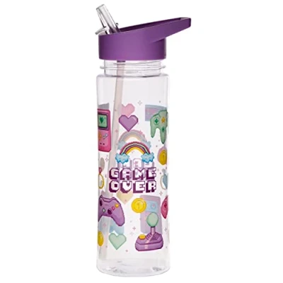 Image of Puckator Game Over Kids Drinks Bottle With Flip Straw Reusable Water For Girls And Boys A Carry Handle Bpa Free School Nursery Cute Video Design Pp 550ml