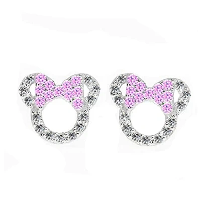 Image of Kaguyo Minnie Mouse earrings, 925 Sterling Silver Amethyst Blue pink Zirconia Mickey Stud Earrings for Women Girls, Birthday Gift (pink)
