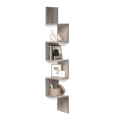 Image of VASAGLE LBC020M01 Corner Shelf, Wall 5 Levels, Zigzag Floating Bookcase, for Kitchen, Bedroom, Living Room, Office, Grey Beige