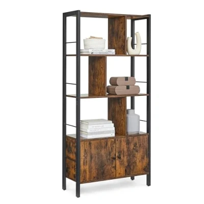 Image of VASAGLE Bookshelf, Storage Shelf, Large Bookcase with Doors, 4 Shelves, Stable Steel Structure, Industrial Style, for Living Room, Office, Rustic Brown and Ink Black LBC022B01
