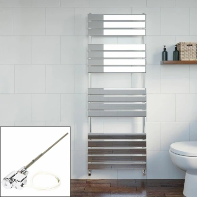 Image of DuraTherm® 1600 x 600mm Flat Panel Heated Towel Rail Radiator Dual Fuel Bathroom Warmer Wall Mounted Ladder Rad Chrome Thermostatic, 600W