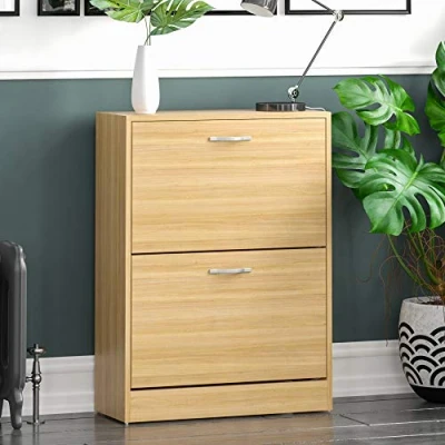 Image of Vida Designs 2 Drawer Shoe Cabinet Cupboard Storage Organiser Pull Down Wooden Furniture Wood Unit, Pine