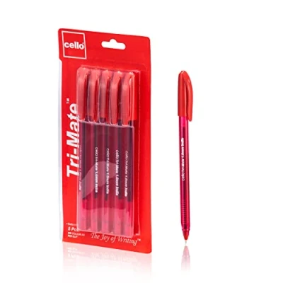 Image of Cello Ballpoint Pens, Tri Mate Medium Point Biros Multipack Pens 1.0mm Ball Writing Ideal for Stationery Supplies and School Supplies. Pack of 5 (Red)