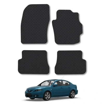 Image of Rubber Car Mats Compatible with Mazda 3 (2004 2009) Tailored Fit Floor Set Accessory Black Custom 4 Pieces Clips Anti Slip Backing, Heavy Duty &amp; Waterproof