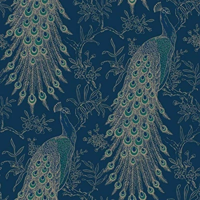 Image of Peacock Wallpaper Navy Blue Gold Metallic Feather Floral Vintage Birds Y�L