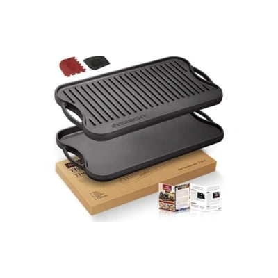 Image of OVERMONT Pre Seasoned Cast Iron Reversible Griddle Grill Pan with Handles for Gas Stovetop Open Fire Oven, 43.18 * 24.89CM (17x9.8) One Tray, Scrapers Included