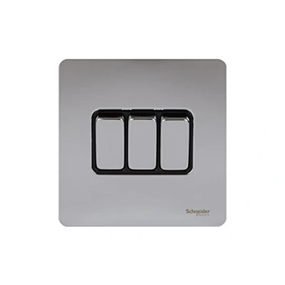 Image of Schneider Electric Ultimate Screwless Flat Plate 3 Gang Rocker 2 Way Light Switch, Single Pole, 16AX, GU1432BPC, Polished Chrome with Black Insert