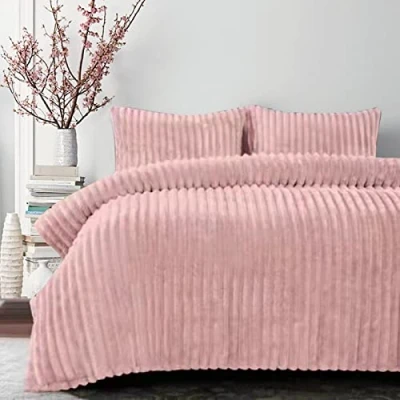 Image of YORKSHIRE HOMEWARE Chunky Rib Duvet Cover Sets Teddy Soft &amp; Cosy Luxury Fleece Easy Care Quilt Bedding Covers Pillowcases (Blush, King)