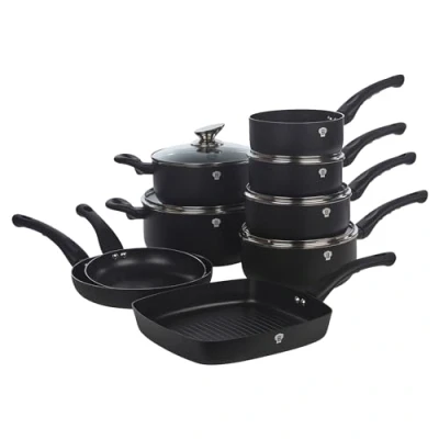 Image of Blaumann 14 Pcs Cookware Pots Grill Pans Set with Soft Touch Handles Glass Lids (Matt Black)