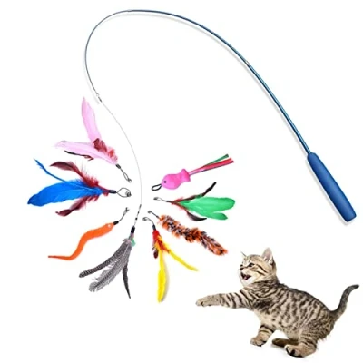Image of Cat Fishing Rod Toy,Cat Feather Toys With Retractable Teaser Interactive Wand Flirt Pole for Indoor Cats Adult Kitten Play,Exercise,Activity &amp; Fun 8 Pcs Replacement Refills