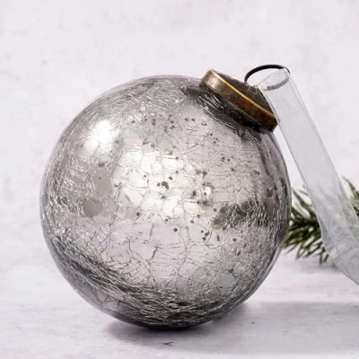 Image of Arthur Cameron Crackle Glass Christmas Tree Bauble Hanging Ball Decoration (4&quot;, Silver)