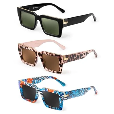 Image of JM Polarized Rectangle Sunglasses for Men and Women Trendy Chunky Square Sun Glasses UV400 Protection 3 Pack