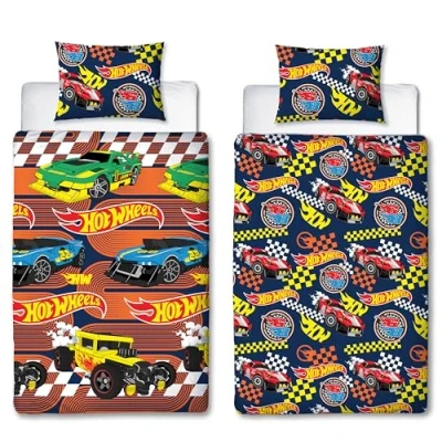 Image of Hot Wheels Officially Licensed Racer Design Single Duvet Cover Set Reversible 2 Sided Cars Bedding Including Matching Pillow Case Perfect For Kids Bedroom