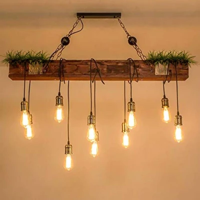 Image of Industrial Chandelier Wood Hanging Lamp Rustic Metal Sling Brown Wooden Beam Large Linear Island Pendant Lights Handmade Farmhouse Light Fixture Living Room Bedroom Kitchen Hallway