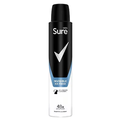 Image of Sure Men Invisible Ice Fresh Anti Perspirant Deodorant 48hr protection from sweat, odour, white marks &amp; yellow stains 200ml