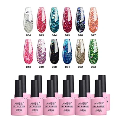 Image of AIMEILI Soak Off UV LED Glitter Gel Nail Polish Multicolour/Mix Colour/Combo Colour Set Of 12pcs X 10ml Kit 7